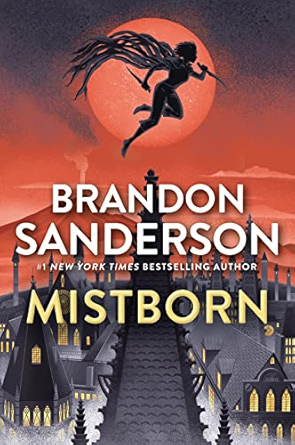 The cover of Mistborn: The Final Empire, by Brandon Sanderson; Vin, the main character of the series, flies above the capital city of the final empire.